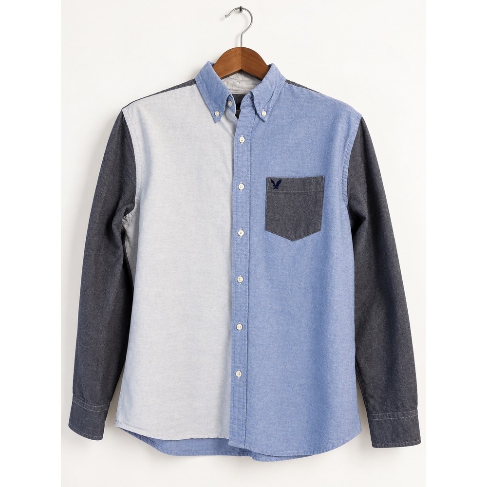 American Eagle Outfitters Men XL Denim Colorblock Cotton Button-Up Shirt Pocket